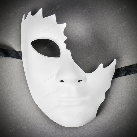 Unpainted Half Face Cracked Phantom Masquerade Mask - White - Picture 2 of 10